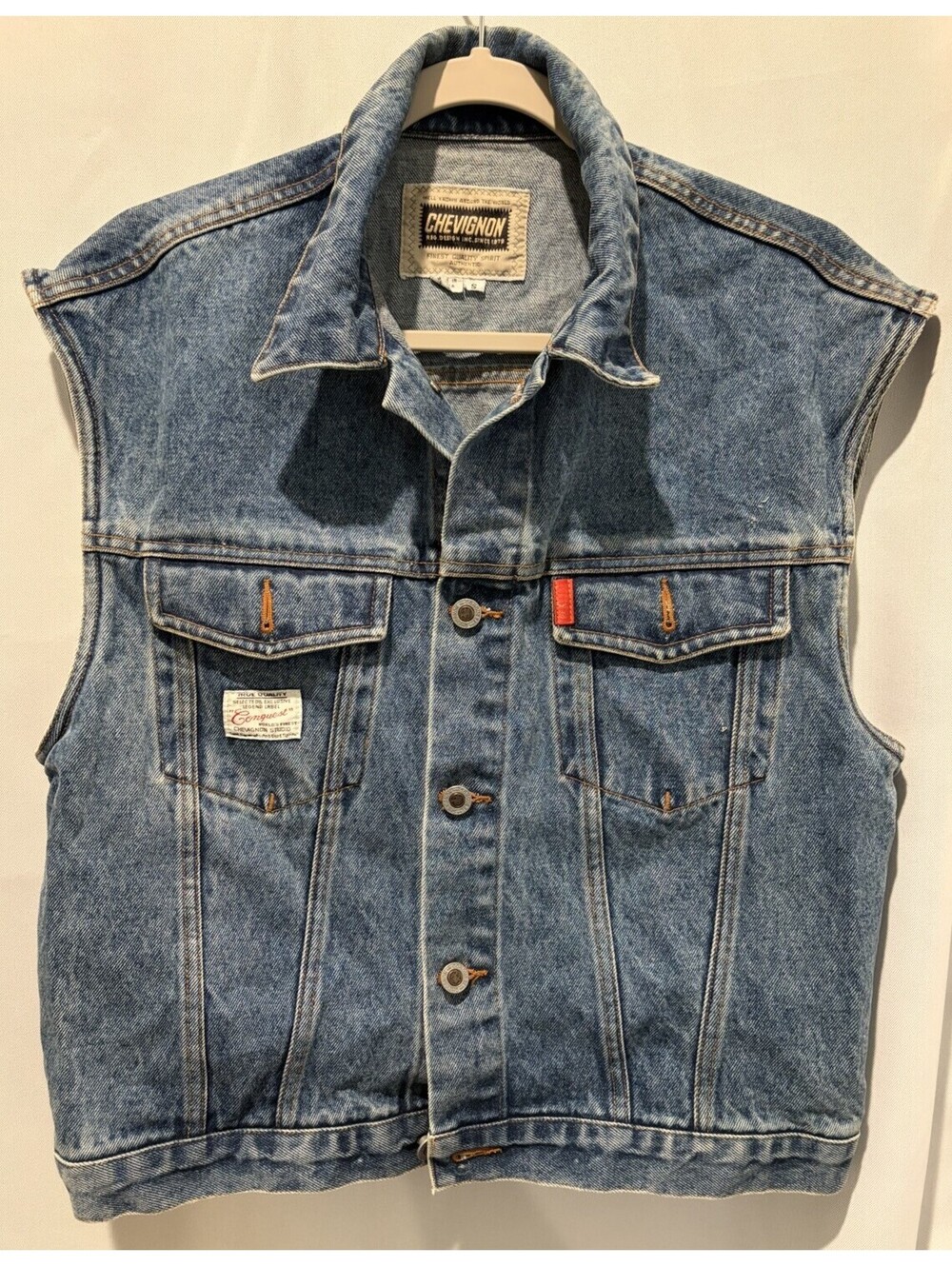 Vintage  Chevignon Conquest ACES Denim Mens Small  Made In Korea W Leather Patch